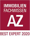  Logo „IMMOBILIEN FACHWISSEN AZ BEST EXPERT 2020“ auf rotem Hintergrund